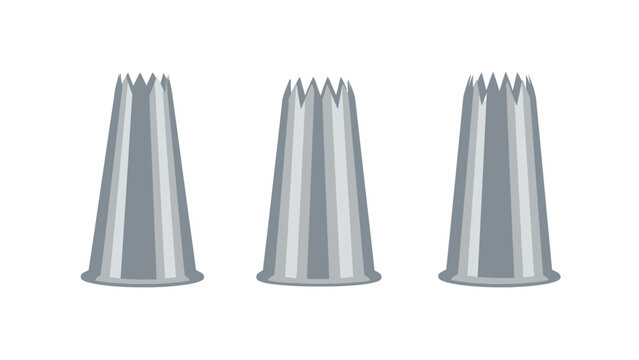 Three silver piping tips with star-shaped openings, isolated on a white background.