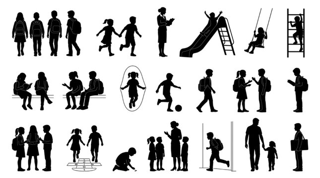 School Children & Playground Silhouette Collection &mdash; Architectural Scale Kids and Teachers for Educational Facility Renderings
