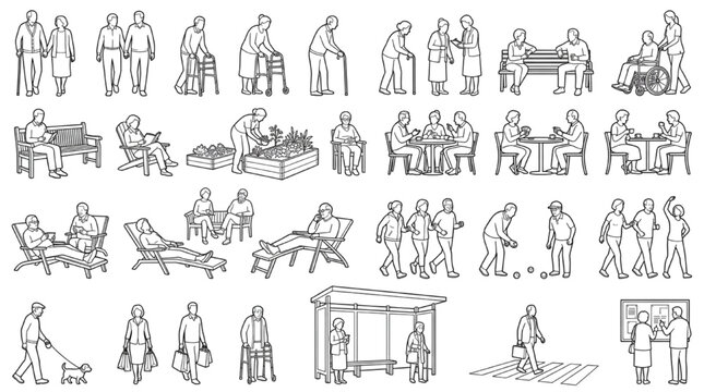 Outlined Elderly & Senior Living Figure Collection &mdash; Architectural Scale People for Aged Care and Accessible Space Renderings
