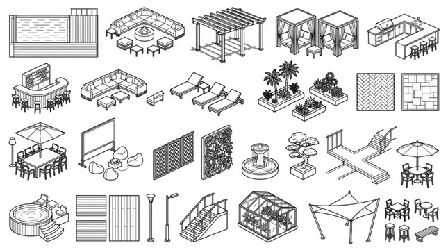 Isometric Outdoor Living & Landscape Furniture CAD Block Collection &mdash; Residential Terrace and Garden Design Elements
