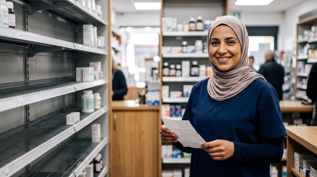 pharmacy environment, a smiling pharmacist in a hijab holds a prescription amidst empty shelves