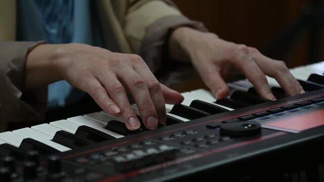 female pianist hands on black and white synthesizer keyboard, close-up view, young woman playing piano, professional musician