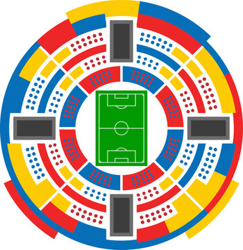 Colorful soccer stadium seating chart with green field and four gray screens