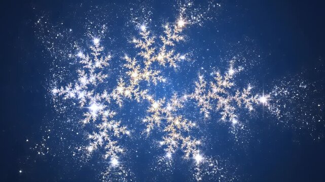 Fractal snowflake sparkle pattern on dark blue background