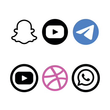 Grid collection of popular social platform shortcuts and digital branding elements featuring Snapchat, YouTube, Telegram, Dribbble, and WhatsApp. Flat vector brand emblems designed for user interface 