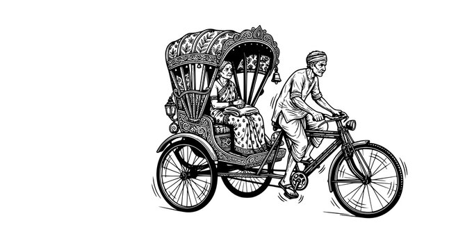 Minimal Indian Village Cycle Rickshaw With Passenger Monochrome Vector Art