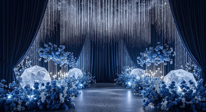 Magical event hall with blue floral decor and glowing domes. Luxury wedding venue and fairy tale atmosphere. Crystal lights hanging above gorgeous floral arrangements.