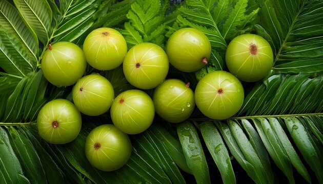vibrant amla fruit cluster adds pop of color on lush green vegetable leafy greens background