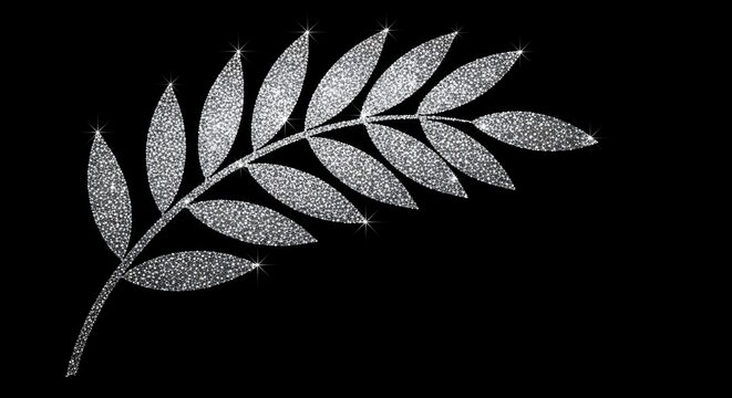 Silver glittery botanical branch illustration. Luxury decoration and festive design. Sparkling metallic leaf shining against dark backdrop