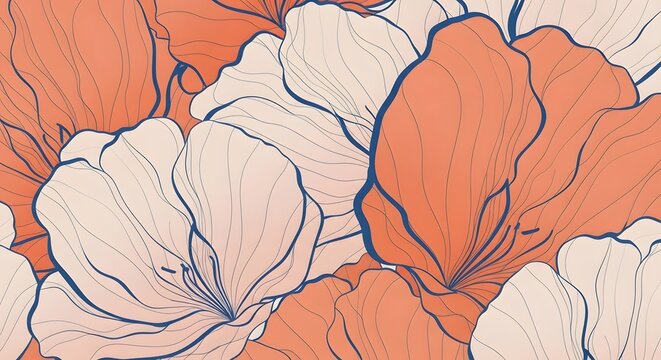 Closeup floral line art illustration. Contemporary decorative wallpaper and textile design. Large peach petals layered with dark blue outlines