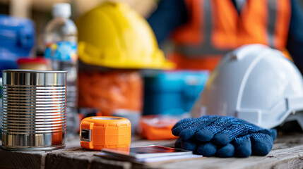 Emergency response equipment and safety gear for disaster relief volunteers at work site, protective equipment, crisis assistance tools, rescue supplies, humanitarian aid