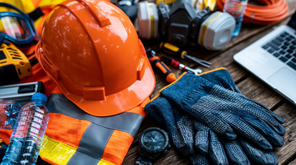 Fototapeta premium Emergency response equipment and safety gear for disaster relief volunteers at work site, protective equipment, crisis assistance tools, rescue supplies, humanitarian aid