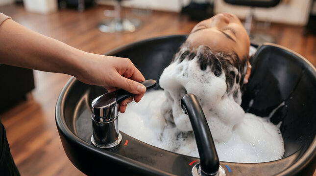 Professional pet grooming session with a fluffy dog receiving a thorough shampooing in a salon setting
