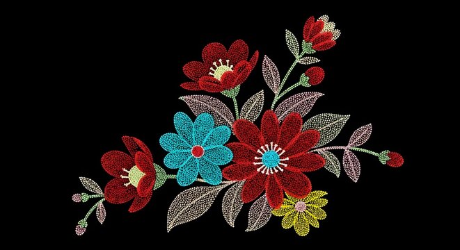 Dotted floral bouquet arrangement on black. Indigenous art style and pointillism decoration. Red and blue beaded flowers blooming in a geometric dotted pattern.