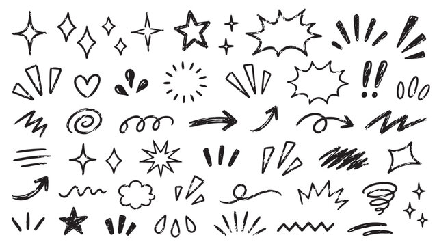 Crayon drawn attention symbols and doodle emphasis marks collection. Hand drawn sparkle bursts, comic rays, sketch highlight signs, manga starburst shapes and vector illustration