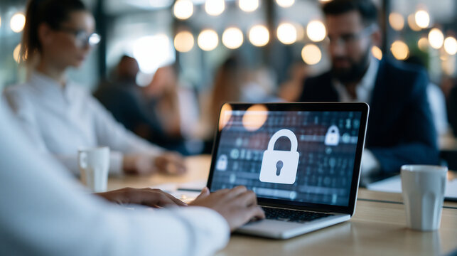 Business meeting on cybersecurity with digital lock icons and laptop, modern office setting daytime, security concept, professional environment, data protection, corporate