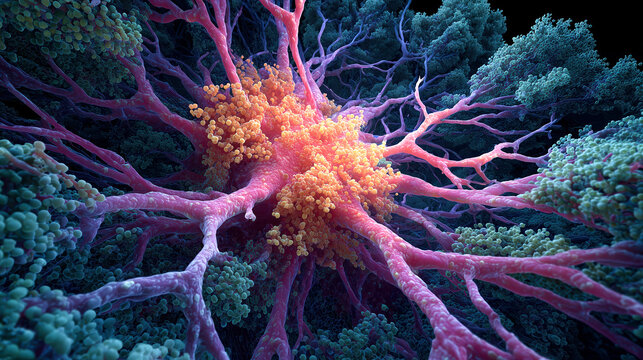 Vibrant and intricate depiction of cancer cell growth, showing spreading dark roots across tissue, symbolizing aggressive nature of disease. image uses vivid colors to highlight complexity