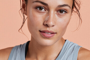 Naklejka premium Young woman portrait after light workout with glistening skin, damp hair strands and subtle smile in sporty tank top, warm studio background conveying fitness and confidence