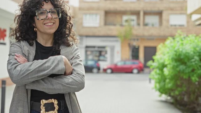 Woman wearing large patterned glasses and a blazer, arms crossed and smiling on a street lined with buildings, sidewalk and parked cars; confidence warmth.