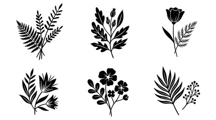 Botanical illustration of wild berry and leaf varieties in black and white line art style © Fitri