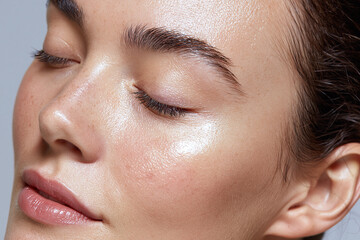 Fototapeta premium Close up radiant skin with subtle glow highlight, smooth dewy complexion showing natural pores and freckles, closed eyes and glossy lips conveying calm skincare beauty