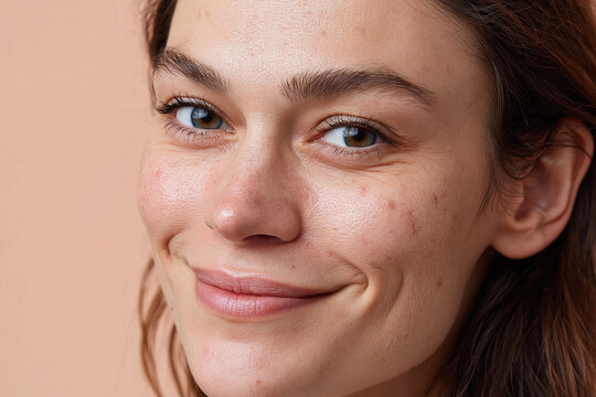 Natural close up portrait showing mild acne texture on cheek, soft smile, clear skin tones and natural light emphasizing healthy complexion