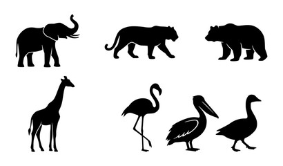 Wild safari animals silhouettes collection, giraffe, elephant, lion and birds shapes. © SobujChandra