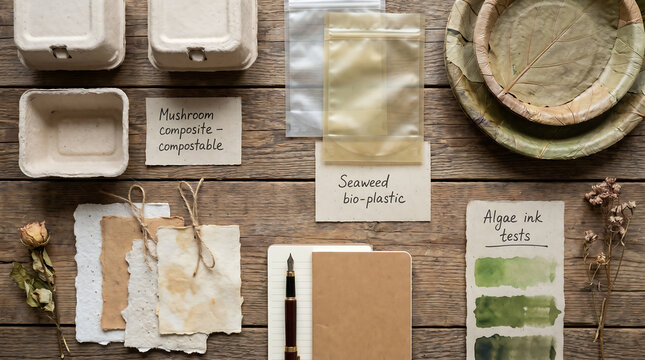 Flat lay of sustainable packaging prototypes featuring mushroom composite seaweed bio-plastic and algae ink tests