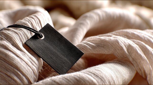 Detailed view of a white blouse with vertical pleating, ruffled trim, light buttons, and a black tag against soft fabric in natural light