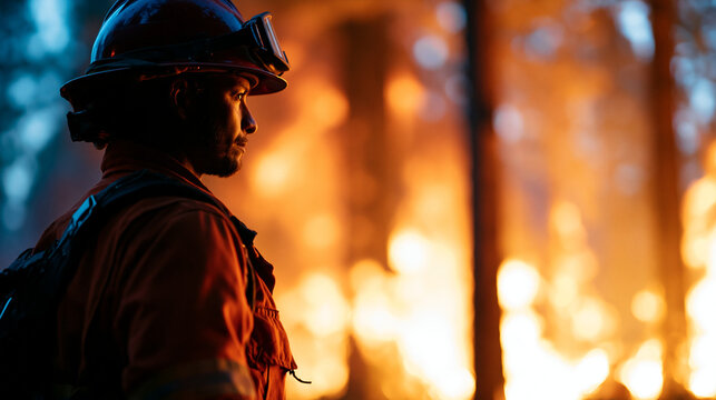 Dramatic silhouette of faceless firefighter against raging wildfire backdrop, intense orange flames towering trees, powerful visual environmental awareness, disaster relief,
