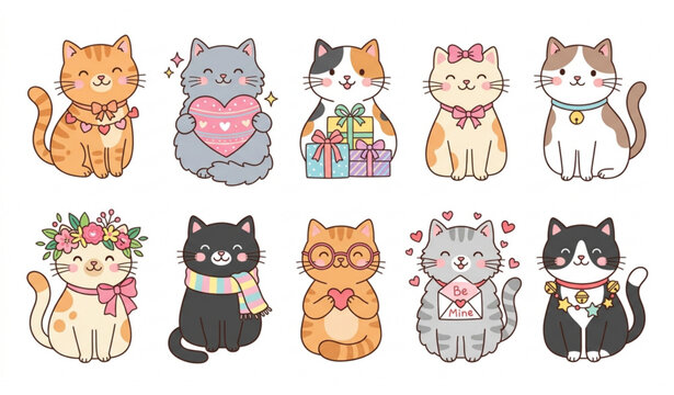 Cute cartoon cats collection, flat vector illustration of funny kittens with accessories