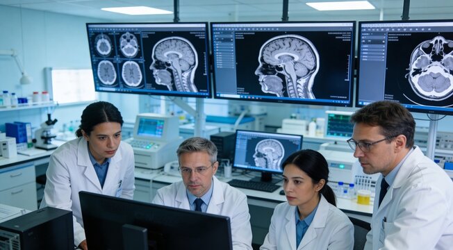 Brain research laboratory with doctors analyzing neurological imaging