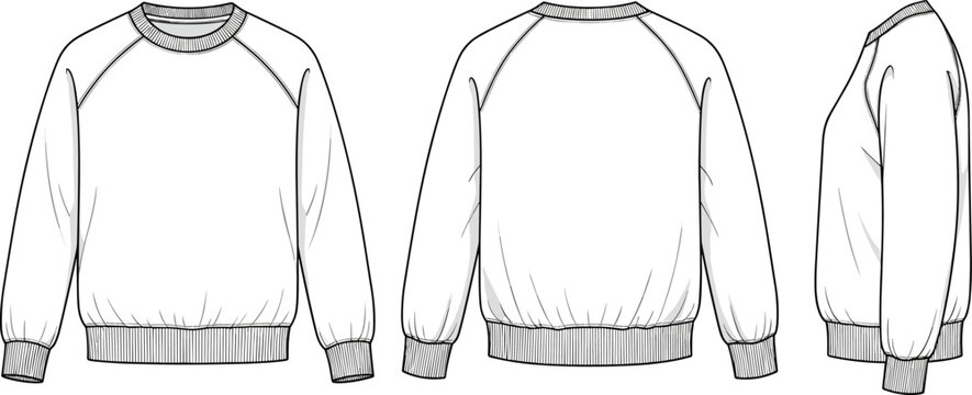 Set of raglan sleeve sweatshirt fashion flat sketches in white.