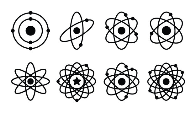 Set of 8 atomic structure icons vector, science and technology symbols, nucleus and electrons illustration