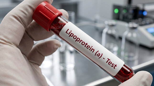 Medical professional holding lipoprotein a blood test tube in modern clinical laboratory with sterile workspace and equipment