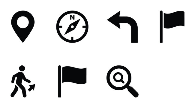 Set of 7 navigation and location icons vector, including map pin, compass, turn arrow, flag, person walking, and search magnifying glass
