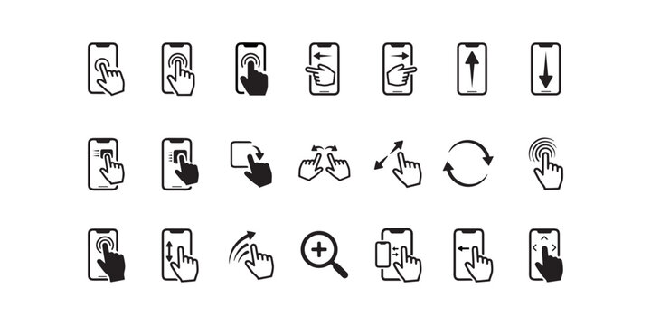 touch gesture icons flat black on white background click swipe pinch zoom rotate tap drag scroll fingers hand