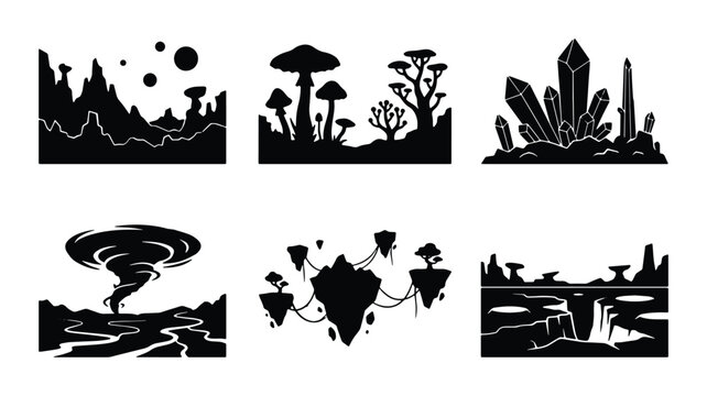 Set of 6 fantasy landscape silhouettes vector, alien planet, crystal, tornado, floating islands