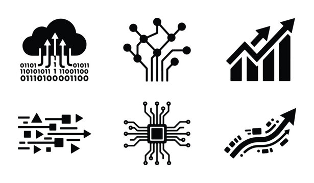 Set of 6 technology and data icons vector, including cloud, network, growth chart, circuit board, and data flow