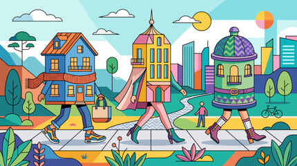 Fototapeta premium A vibrant illustration of anthropomorphic buildings walking down a city street in a colorful, stylized landscape