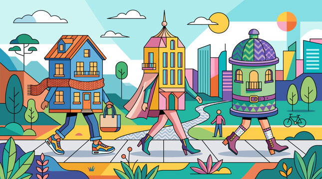 A vibrant illustration of anthropomorphic buildings walking down a city street in a colorful, stylized landscape