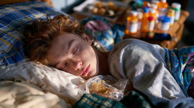 Young adult lying completely still in unmade bed midday, curtains drawn, clothes unchanged, depression daily life scene showing medication bottles on nightstand, phone face-down, half-eaten food tra