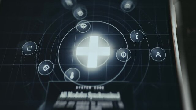 White plus sign symbolizing health within a circular layout with healthcare icons