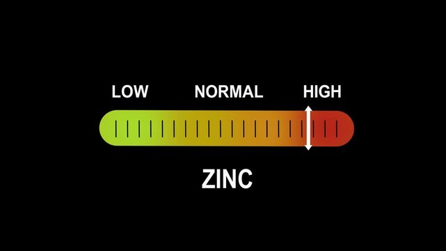 Dynamic zinc level indicator gauge animation featuring a color-coded progress bar moving from low to levels for medical, nutritional, scientific, and health-related data