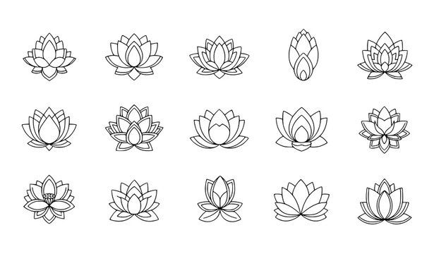 Minimalist lotus flower outline icons set, zen yoga floral symbols vector.