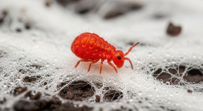Macro Photography of a Vibrant Red Globular Springtail on White Fungal Mycelium with Dew