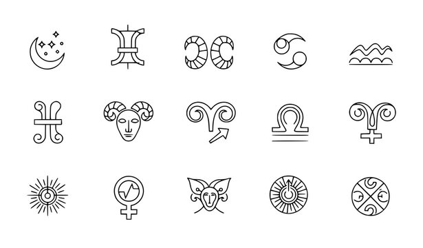 Astrology and zodiac line art icons collection, celestial mystic symbols set.