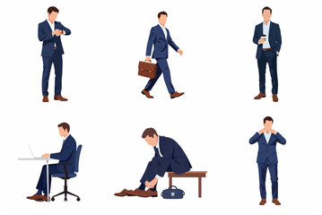Obraz premium Professional businessman character set in various daily poses, corporate male character collection in blue suit flat vector illustration