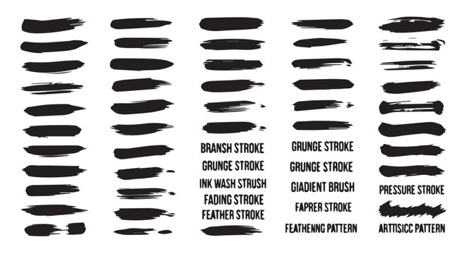 Paint splash splatter ink brush blobs set. Brush paint stroke set, Dry brush texture. Grunge paint lines, Black brush stroke patterns. Dirty liquid spots, rough dust, grain pattern
