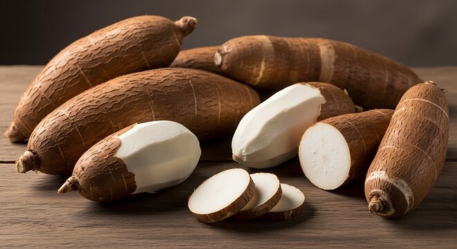 Fresh yams with peeled slices on rustic surface